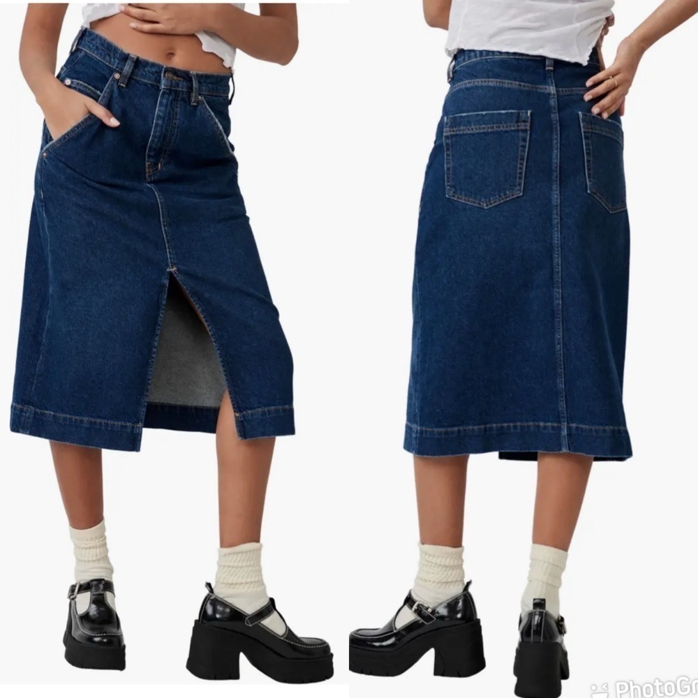 Free People Wild Roses Denim Midi Skirt